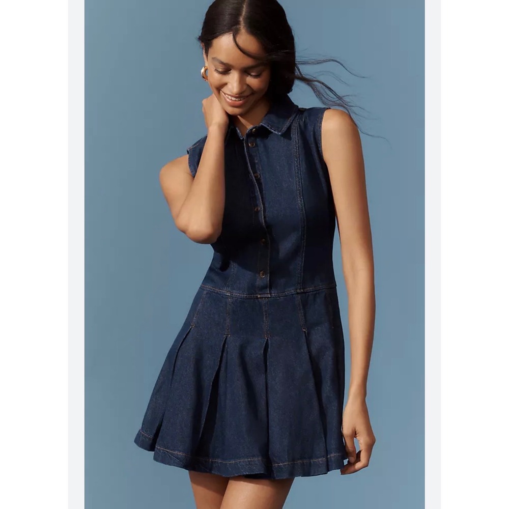 Reformation Arella Denim Mini Dress Dark Blue Sleeveless Pleated Button Front 8‎